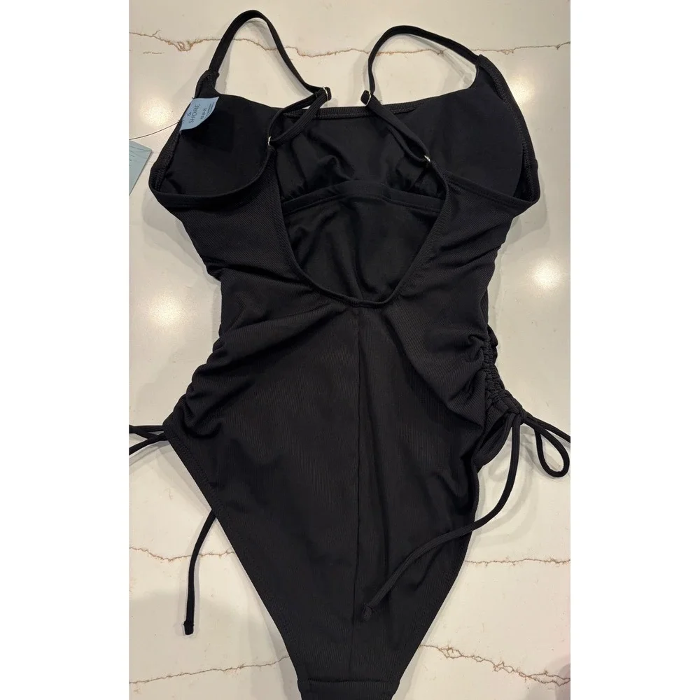 Shade & Shore XS One Piece Swimsuit Women Black Ribbed Side Cinch Tie